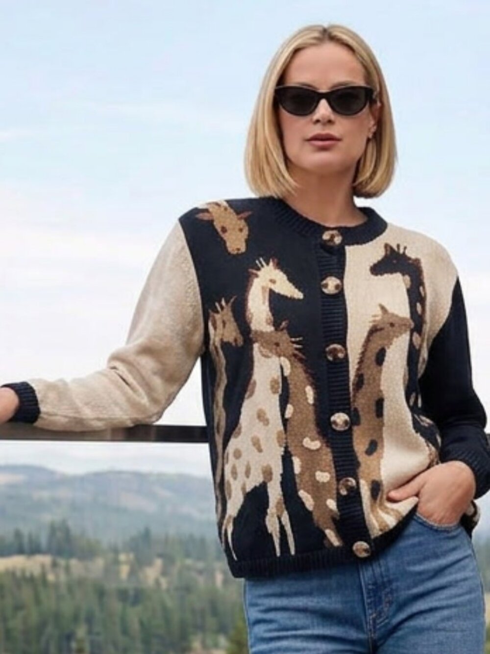 Vintage Christopher & Banks Hand Embroidered Giraffe Print Cardigan Size M